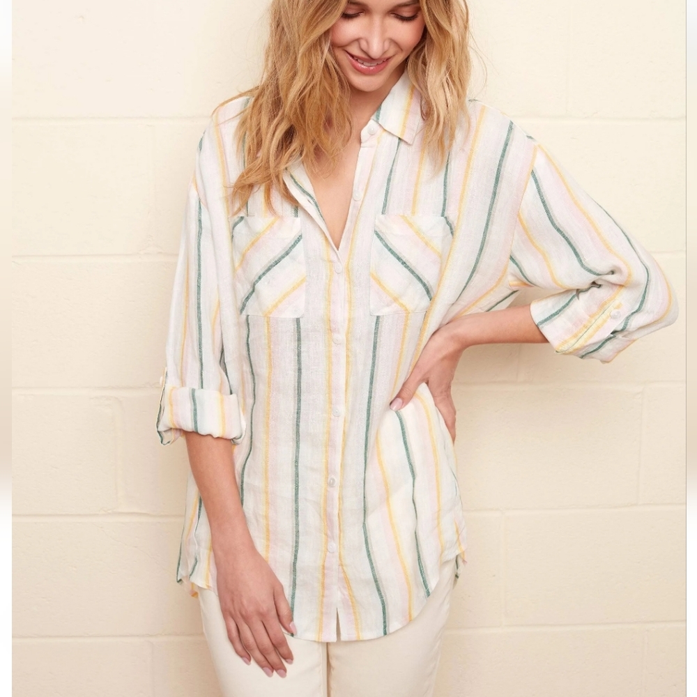 NWT CHARLIE B Linen Striped Button Down Tunic Shirt Top White Pastel Small